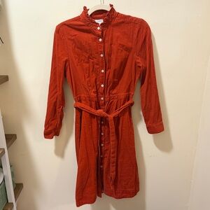 j crew burnt rust orange ruffle high neck collar corduroy belted midi dress